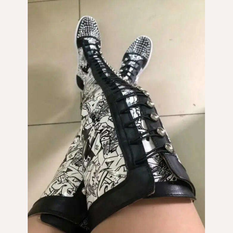 KIMLUD, Factory Ladies Over The Knee Boots Ladies Thick Sole Rivets Studs Toe Graffiti Shiny Leather Thigh High Cross-tie Lace Up Botas, KIMLUD Womens Clothes