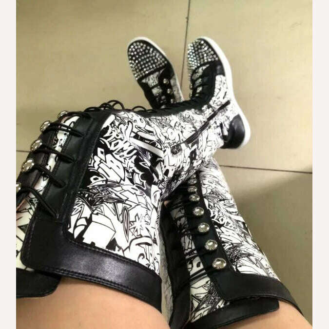 KIMLUD, Factory Ladies Over The Knee Boots Ladies Thick Sole Rivets Studs Toe Graffiti Shiny Leather Thigh High Cross-tie Lace Up Botas, KIMLUD Womens Clothes