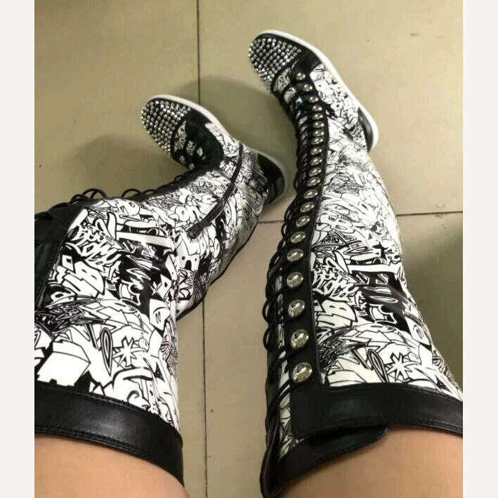 KIMLUD, Factory Ladies Over The Knee Boots Ladies Thick Sole Rivets Studs Toe Graffiti Shiny Leather Thigh High Cross-tie Lace Up Botas, KIMLUD Womens Clothes
