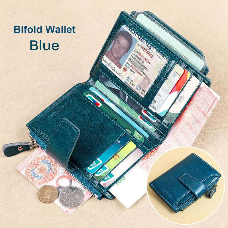 KIMLUD, Fahion Women Genuine Leather Wallet RFID Blocking Short Multi Function Large Capacity Zipper Coin Purse Money Clip, Blue Two Fold, KIMLUD APPAREL - Womens Clothes