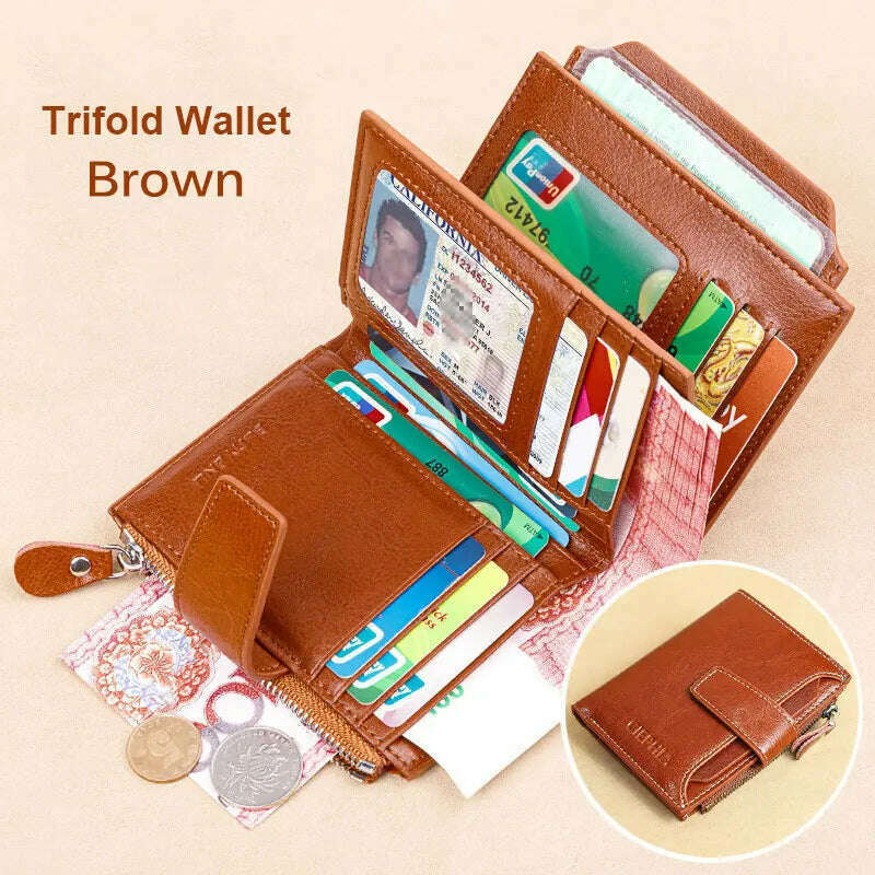 KIMLUD, Fahion Women Genuine Leather Wallet RFID Blocking Short Multi Function Large Capacity Zipper Coin Purse Money Clip, Brown Three Fold, KIMLUD APPAREL - Womens Clothes