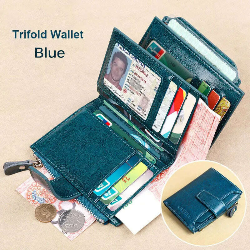 KIMLUD, Fahion Women Genuine Leather Wallet RFID Blocking Short Multi Function Large Capacity Zipper Coin Purse Money Clip, Blue Three Fold, KIMLUD APPAREL - Womens Clothes