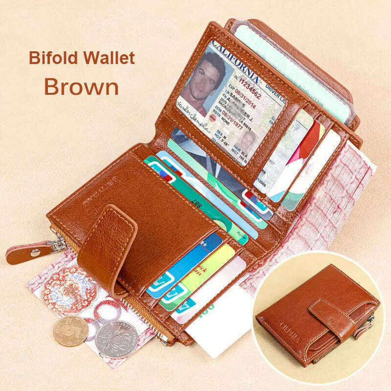 KIMLUD, Fahion Women Genuine Leather Wallet RFID Blocking Short Multi Function Large Capacity Zipper Coin Purse Money Clip, Brown Two Fold, KIMLUD APPAREL - Womens Clothes
