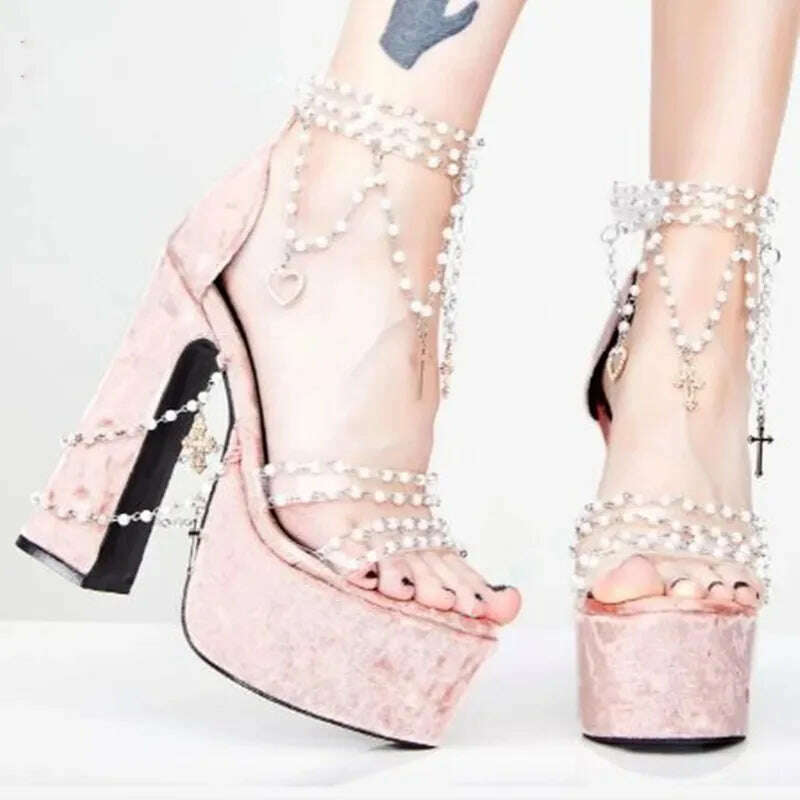 Fairy Girl's Pearl Beaded Platform Chunky Sandals Beading Necklace Chains Velvet High Heels Crystal Tassel One Line Lolita Shoes - KIMLUD