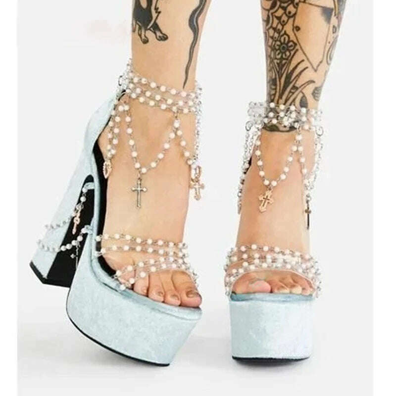 Fairy Girl's Pearl Beaded Platform Chunky Sandals Beading Necklace Chains Velvet High Heels Crystal Tassel One Line Lolita Shoes - KIMLUD