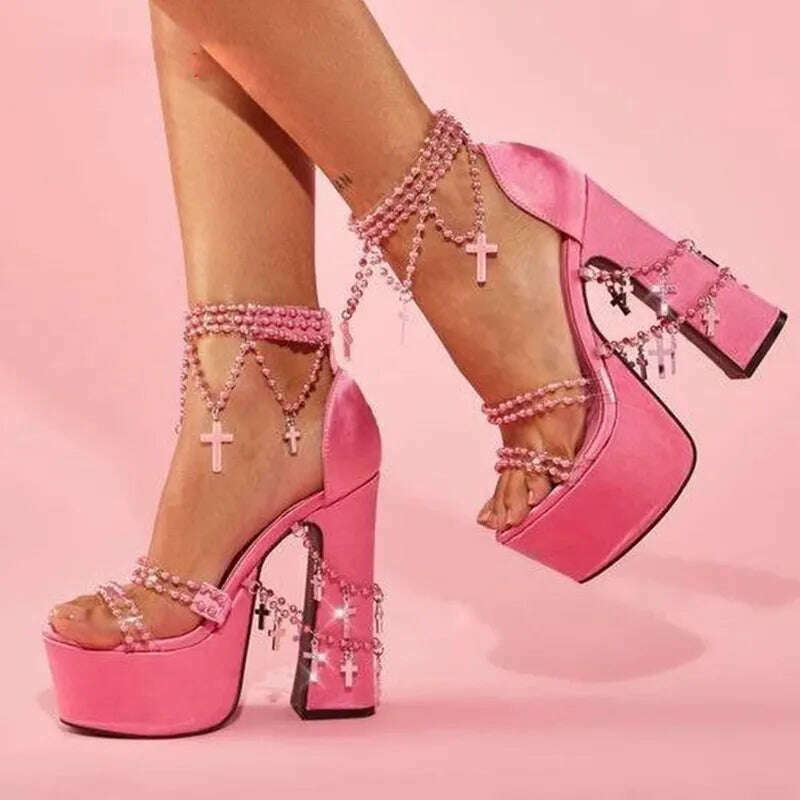 Fairy Girl's Pearl Beaded Platform Chunky Sandals Beading Necklace Chains Velvet High Heels Crystal Tassel One Line Lolita Shoes - KIMLUD