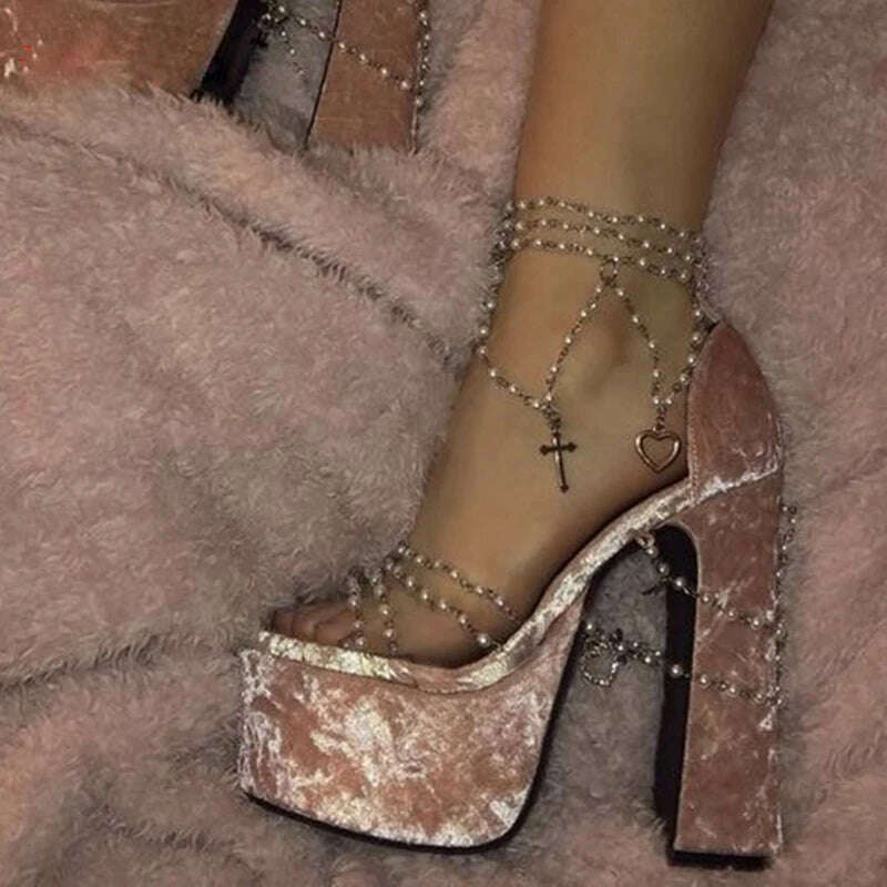 Fairy Girl's Pearl Beaded Platform Chunky Sandals Beading Necklace Chains Velvet High Heels Crystal Tassel One Line Lolita Shoes - KIMLUD