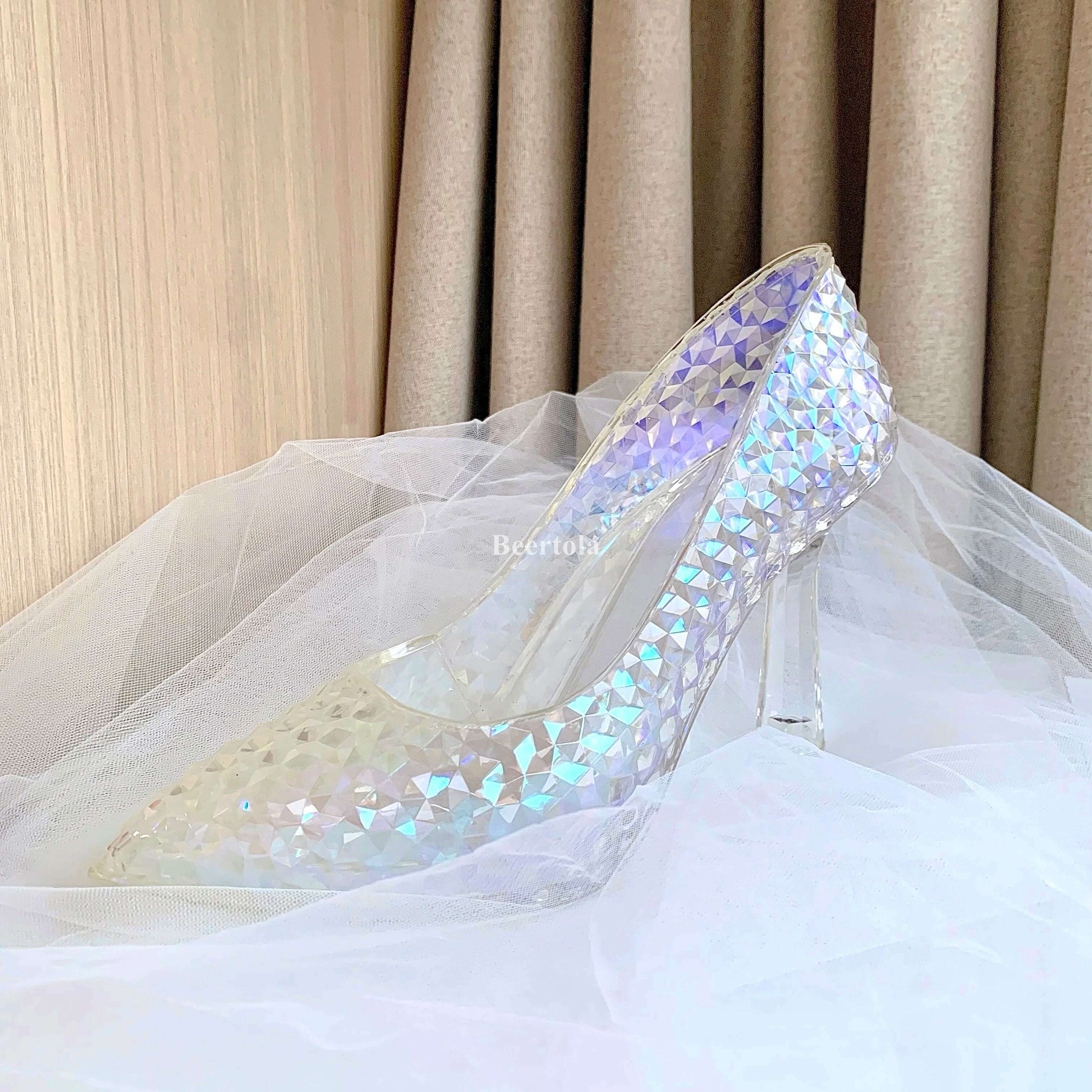 KIMLUD, Fairy Tales Princess Crystal High Heels Bling Pointed Toe Transparent Heel Pumps Lady Shallow Dress Bridal Wedding Cosplay Shoes, 8cm heel / 35, KIMLUD APPAREL - Womens Clothes