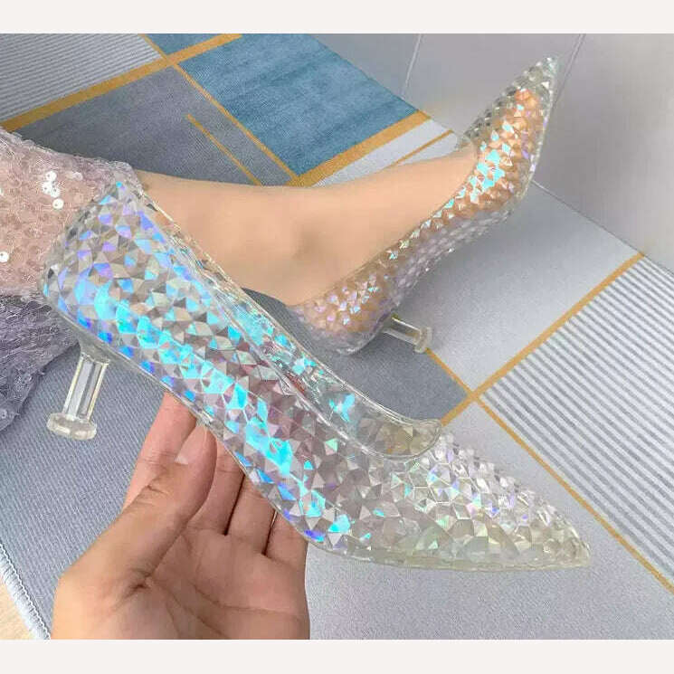 KIMLUD, Fairy Tales Princess Crystal High Heels Bling Pointed Toe Transparent Heel Pumps Lady Shallow Dress Bridal Wedding Cosplay Shoes, 5cm heel / 35, KIMLUD APPAREL - Womens Clothes