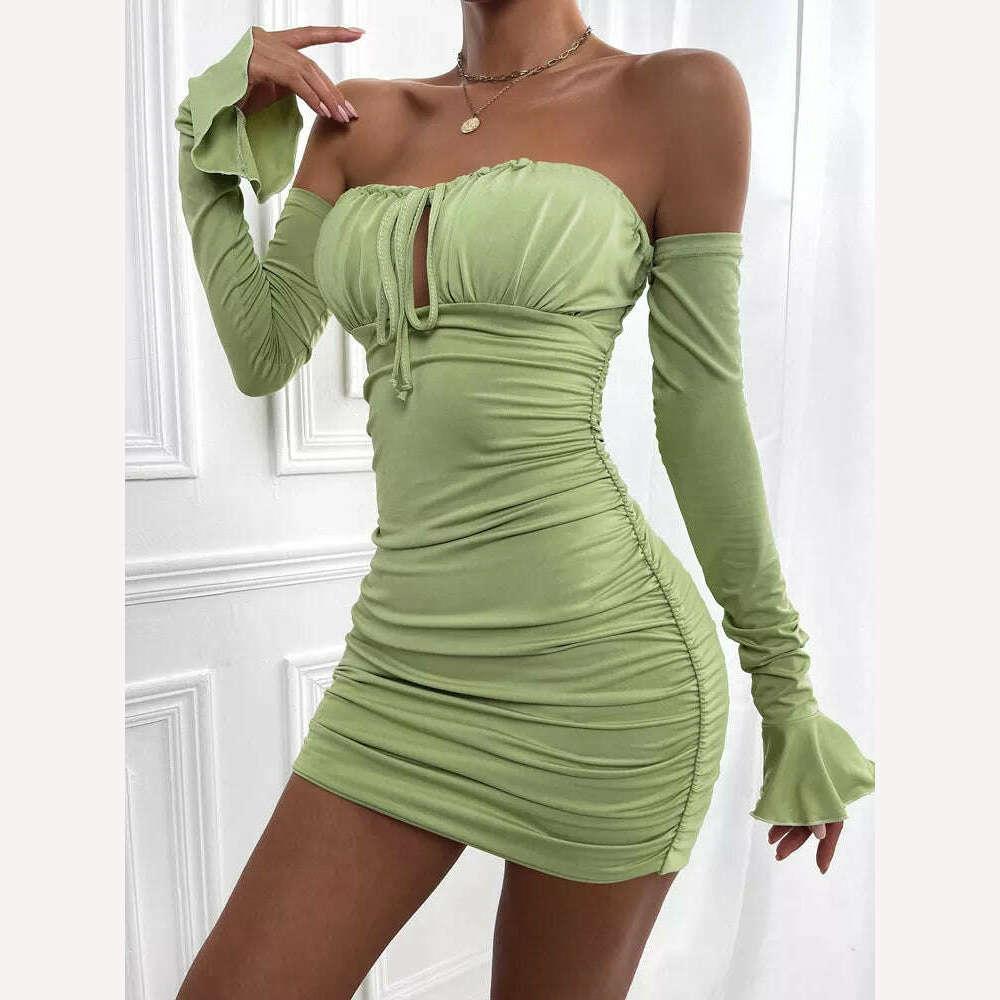 KIMLUD, Fairyshely Sexy Ruffle Short Club Dress Ladies 2022 Autumn Green Bodycon Dresses For Women Party Tight Mini Dress Clubwear, KIMLUD Womens Clothes