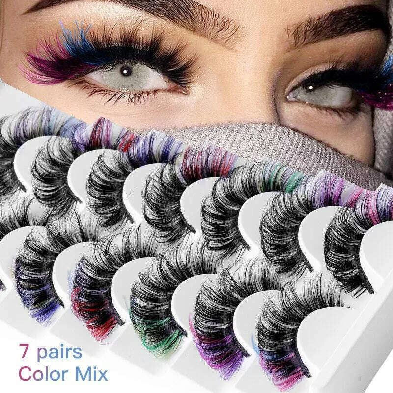 KIMLUD, Fake Eyelashes Popular Mink Hair Colorful Eyelashes Thick Curling Eyetail 7 Pairs Of Fake Eyelashes European And American Style, KIMLUD Women's Clothes