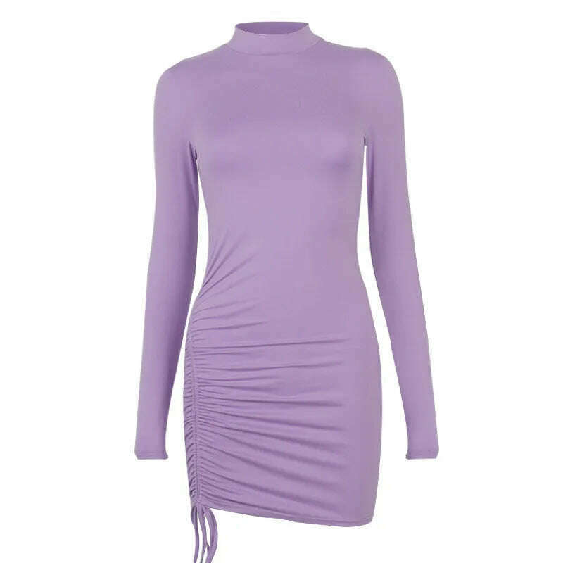 KIMLUD, Fall Spring Basic Bodycon Dress Sexy Lady Long Sleeve O Neck Stretch Slim Package Hip Party Club Mini Dress Purple Black, Purple / S, KIMLUD APPAREL - Womens Clothes