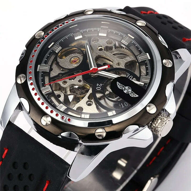 KIMLUD, Famous Brand New Fashion Mechanical watches Skeleton Watches Rubber Strap Men Automatic Mechanical Wrist Watch Relogio Masculino, black, KIMLUD Womens Clothes