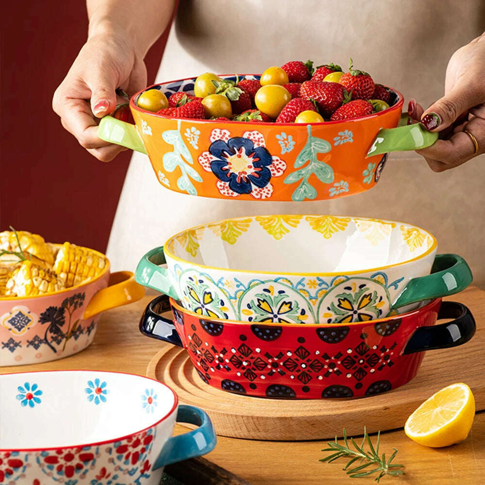 Fanhua Double Ear Plate Ceramic Creative Retro Tableware Plate Dining Plate Oven Special Rectangular Plate Vegetable Plate Bowl - KIMLUD