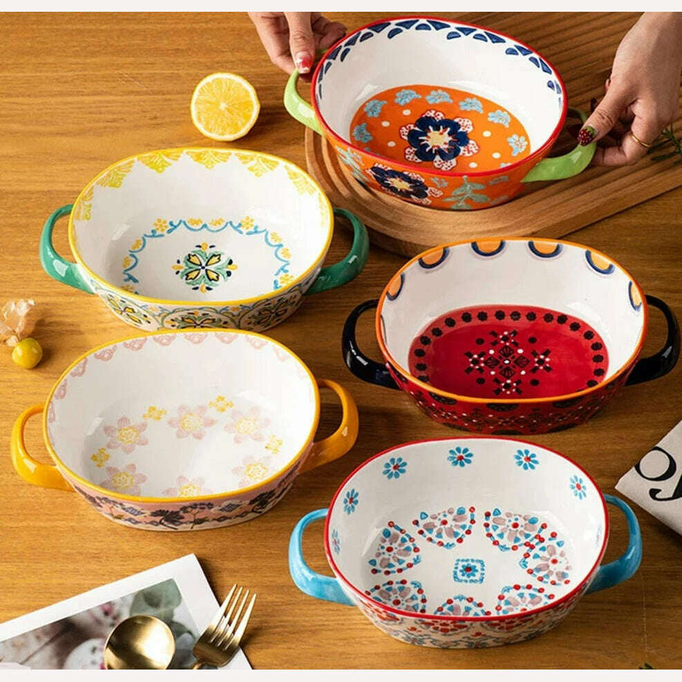 Fanhua Double Ear Plate Ceramic Creative Retro Tableware Plate Dining Plate Oven Special Rectangular Plate Vegetable Plate Bowl - KIMLUD