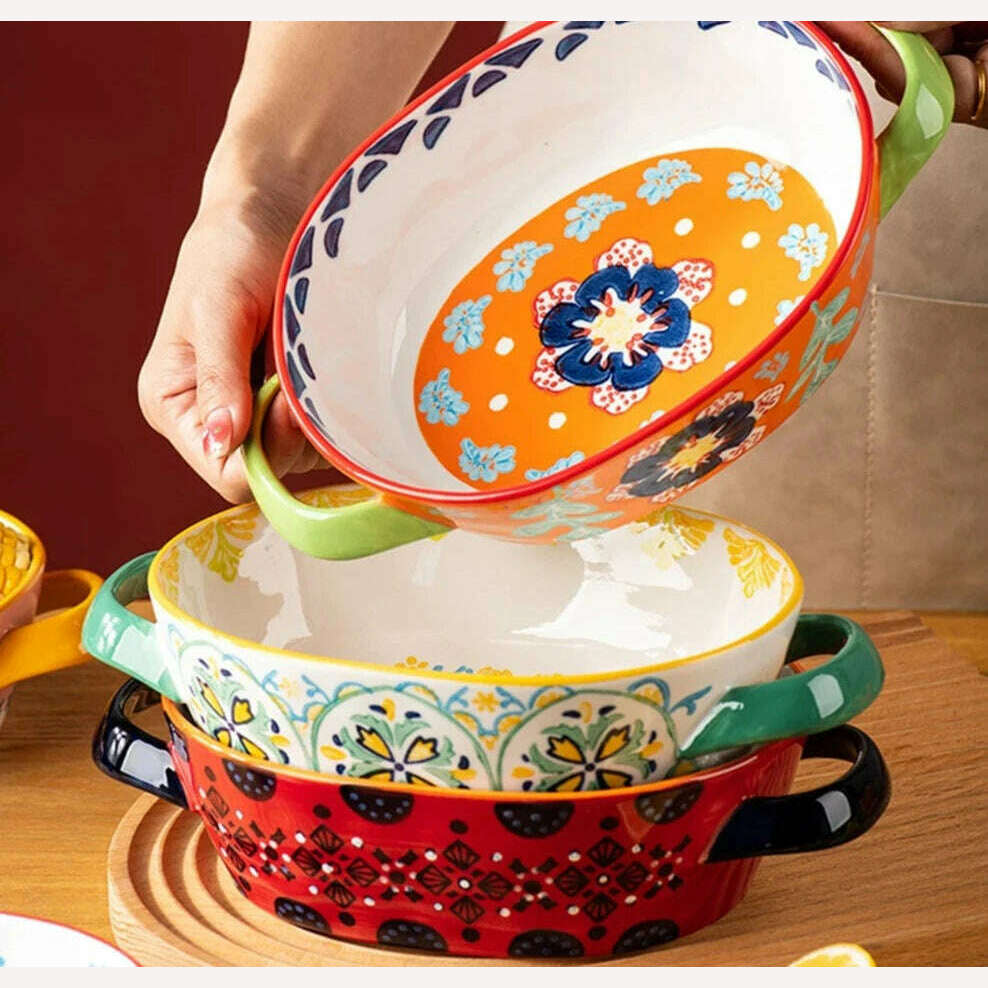 Fanhua Double Ear Plate Ceramic Creative Retro Tableware Plate Dining Plate Oven Special Rectangular Plate Vegetable Plate Bowl - KIMLUD