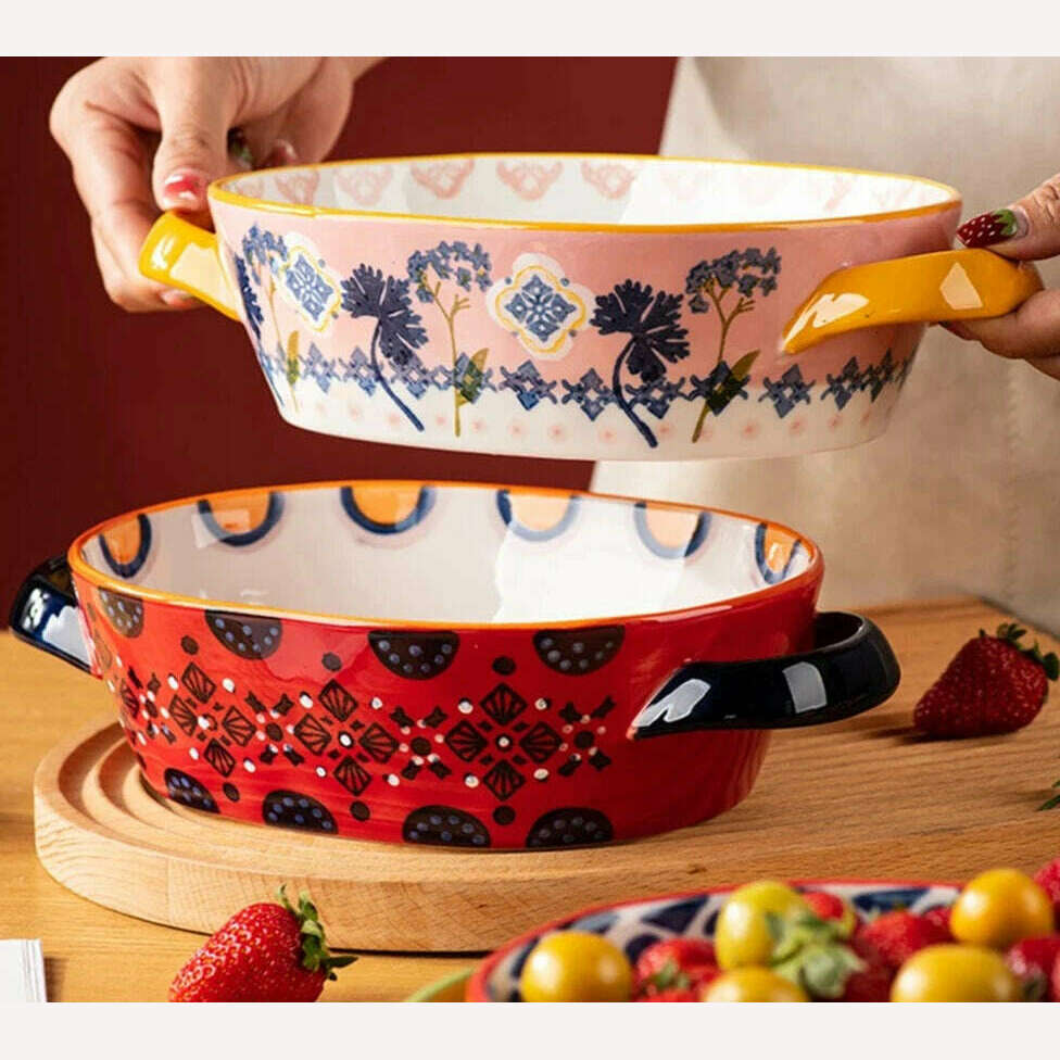 Fanhua Double Ear Plate Ceramic Creative Retro Tableware Plate Dining Plate Oven Special Rectangular Plate Vegetable Plate Bowl - KIMLUD