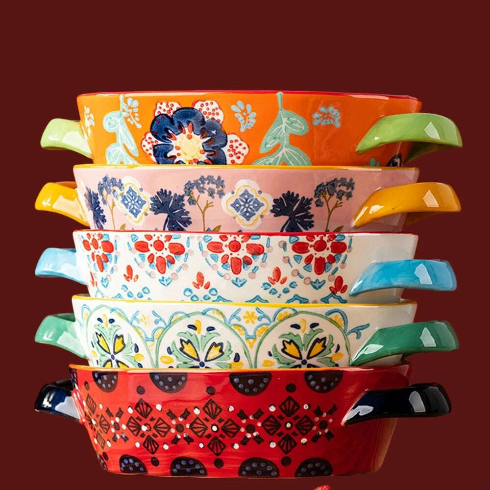 Fanhua Double Ear Plate Ceramic Creative Retro Tableware Plate Dining Plate Oven Special Rectangular Plate Vegetable Plate Bowl - KIMLUD