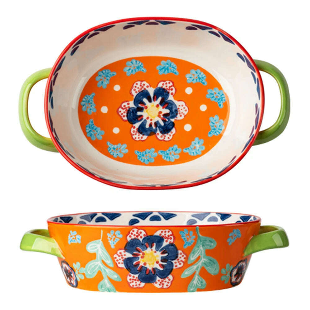 Fanhua Double Ear Plate Ceramic Creative Retro Tableware Plate Dining Plate Oven Special Rectangular Plate Vegetable Plate Bowl - KIMLUD