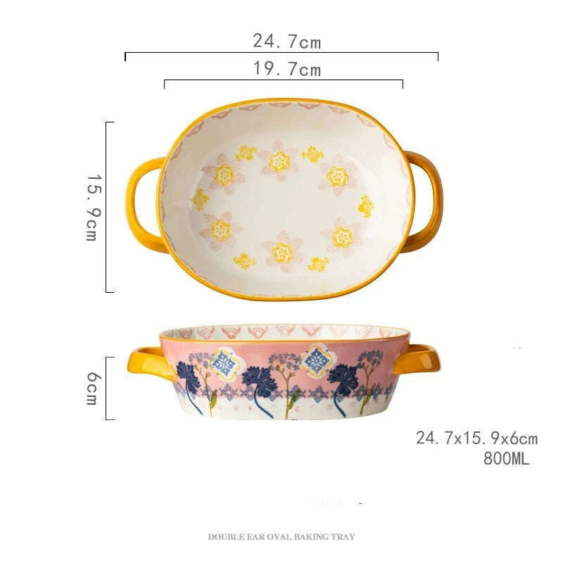 Fanhua Double Ear Plate Ceramic Creative Retro Tableware Plate Dining Plate Oven Special Rectangular Plate Vegetable Plate Bowl - KIMLUD