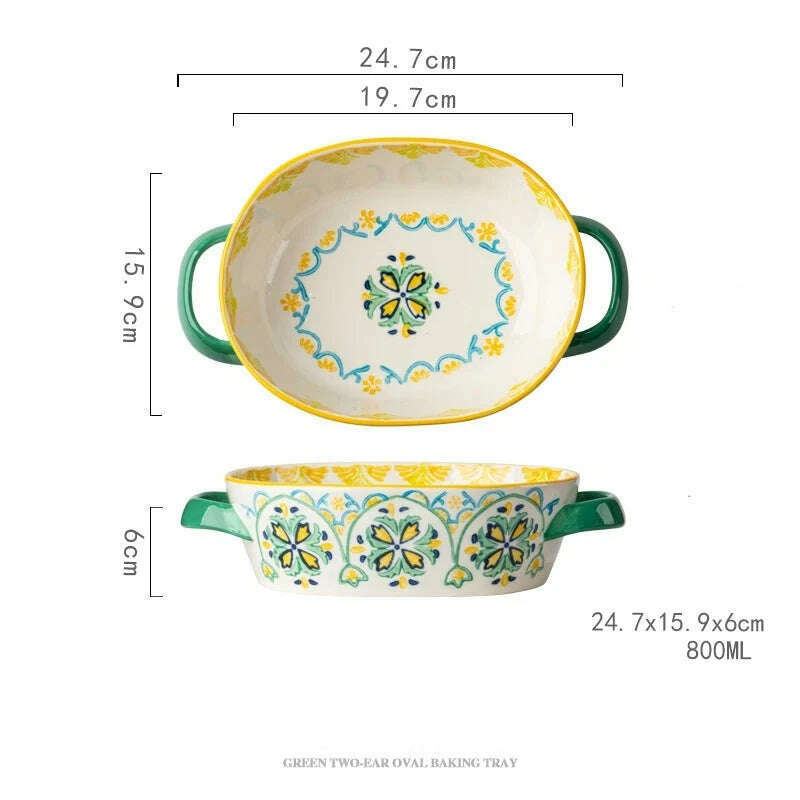 Fanhua Double Ear Plate Ceramic Creative Retro Tableware Plate Dining Plate Oven Special Rectangular Plate Vegetable Plate Bowl - KIMLUD