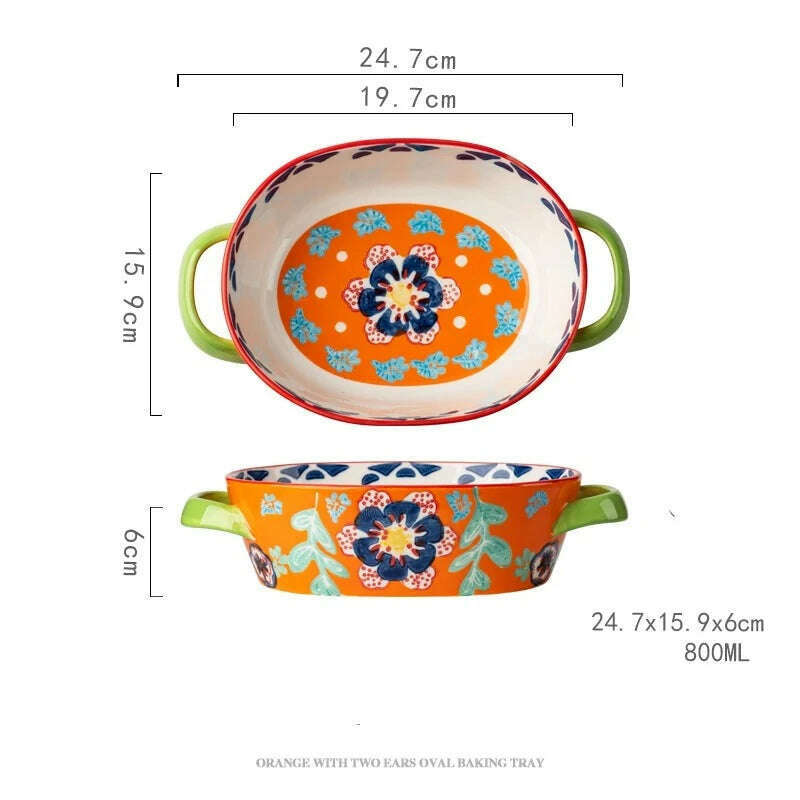 Fanhua Double Ear Plate Ceramic Creative Retro Tableware Plate Dining Plate Oven Special Rectangular Plate Vegetable Plate Bowl - KIMLUD