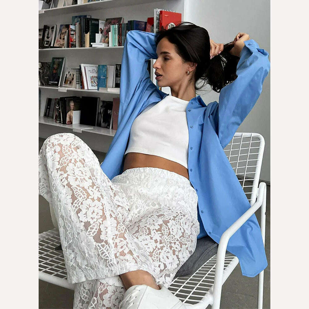 KIMLUD, Fantoye Sexy See Through Lace Women Pant White Hollow Out High Waist Two Piece Sets Female Summer Casual Outside Streetwear 2023, KIMLUD Womens Clothes