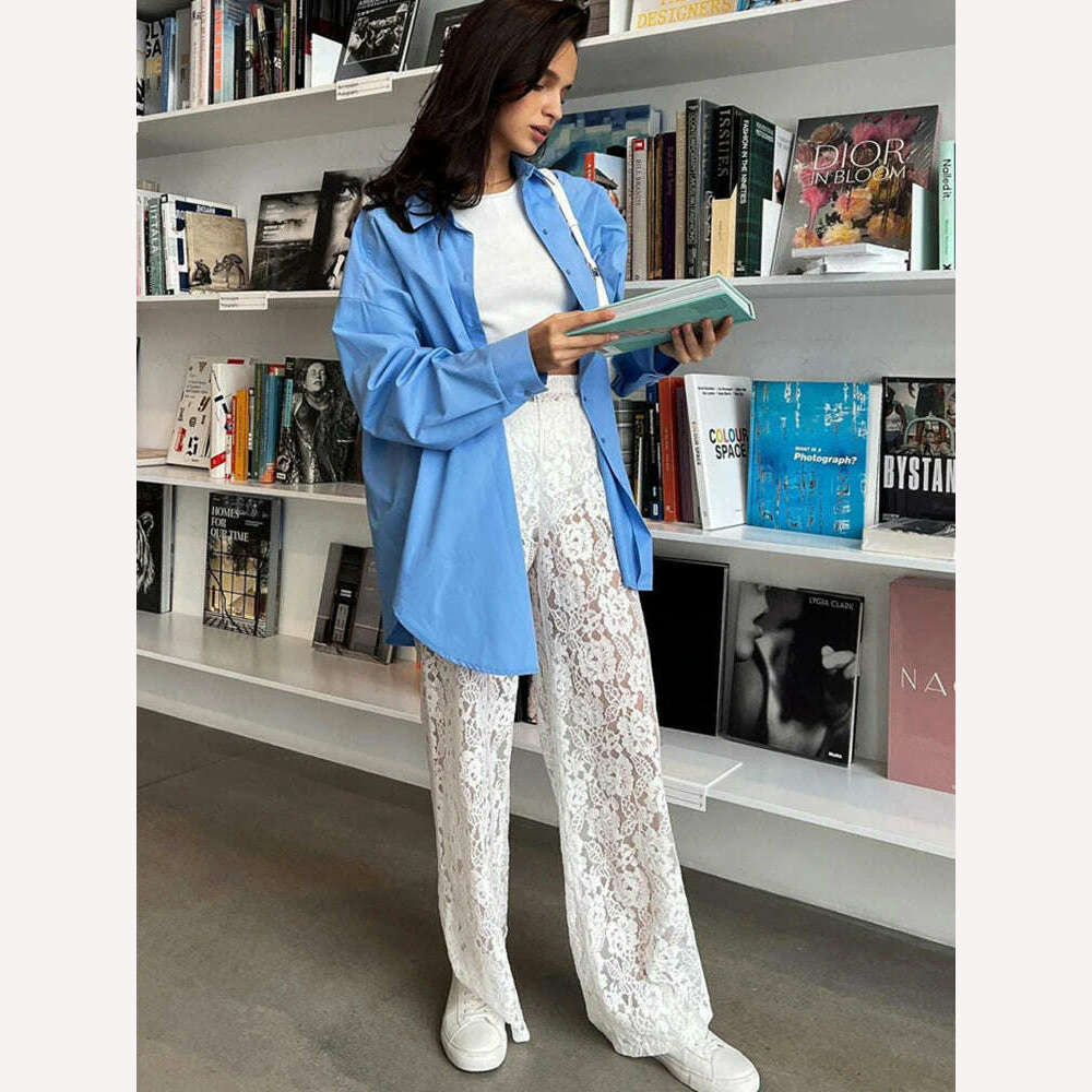 KIMLUD, Fantoye Sexy See Through Lace Women Pant White Hollow Out High Waist Two Piece Sets Female Summer Casual Outside Streetwear 2023, KIMLUD Womens Clothes