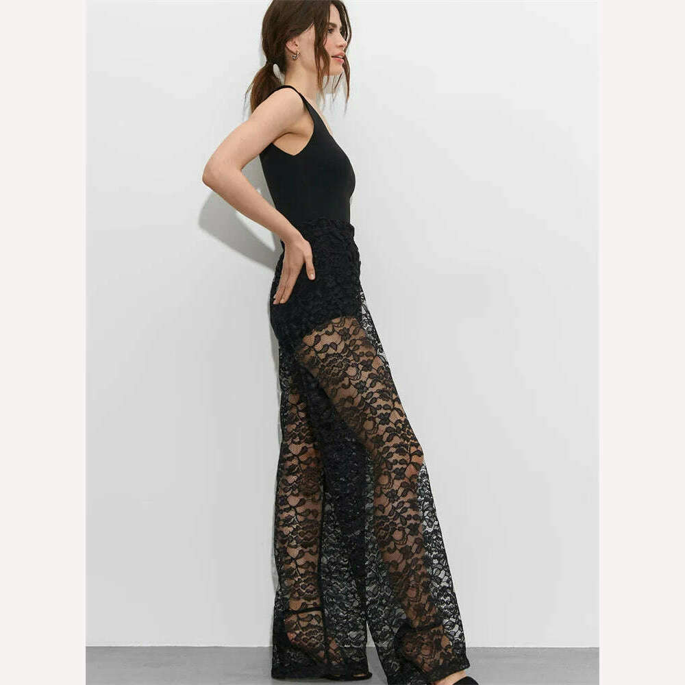 KIMLUD, Fantoye Sexy See Through Lace Women Pant White Hollow Out High Waist Two Piece Sets Female Summer Casual Outside Streetwear 2023, KIMLUD Womens Clothes