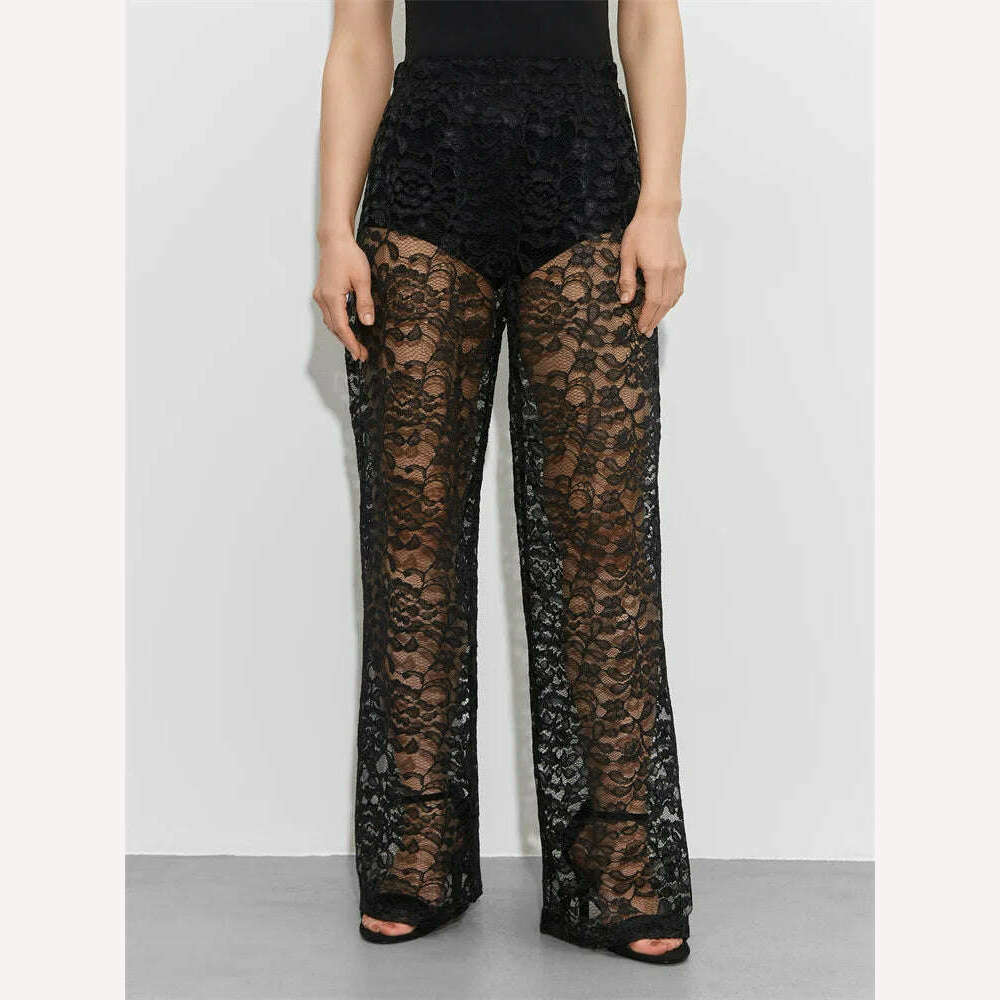 KIMLUD, Fantoye Sexy See Through Lace Women Pant White Hollow Out High Waist Two Piece Sets Female Summer Casual Outside Streetwear 2023, Black / S, KIMLUD APPAREL - Womens Clothes