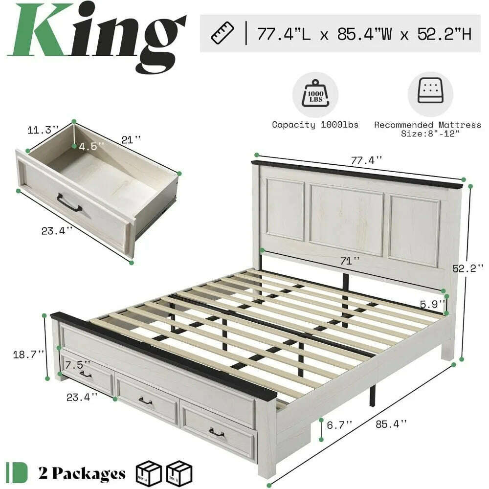 KIMLUD, Farmhouse King Size Bed Frame with Tall -Panel Headboard & Footboard, Wood Platform Bed Frame with 3 Large Storag Drawers, KIMLUD Womens Clothes