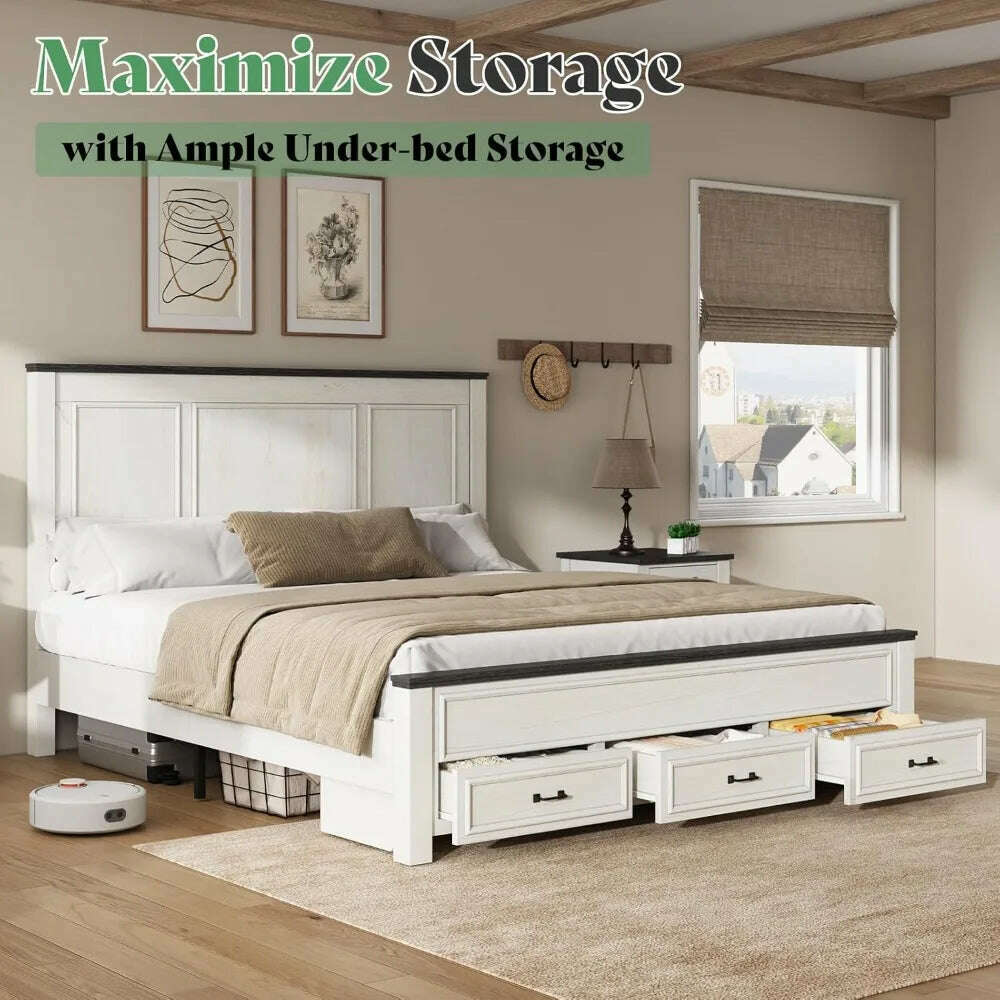 KIMLUD, Farmhouse King Size Bed Frame with Tall -Panel Headboard & Footboard, Wood Platform Bed Frame with 3 Large Storag Drawers, KIMLUD Womens Clothes