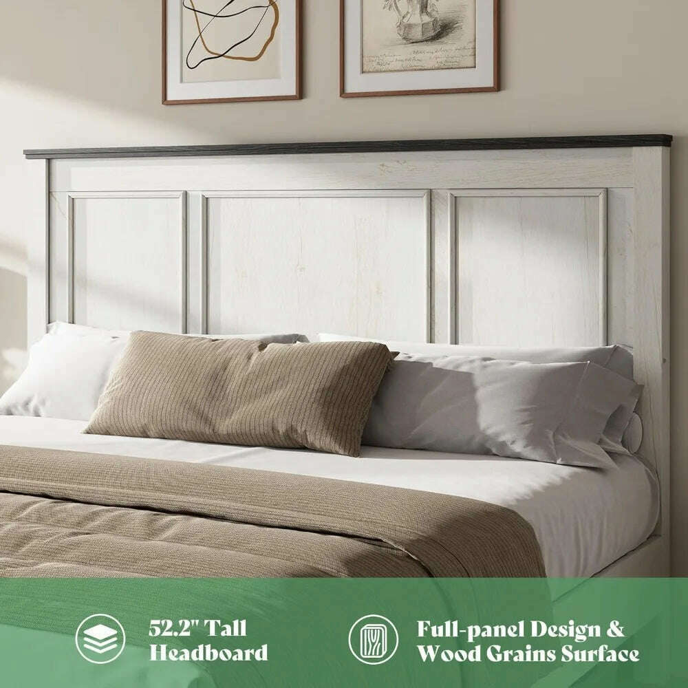 KIMLUD, Farmhouse King Size Bed Frame with Tall -Panel Headboard & Footboard, Wood Platform Bed Frame with 3 Large Storag Drawers, KIMLUD Womens Clothes