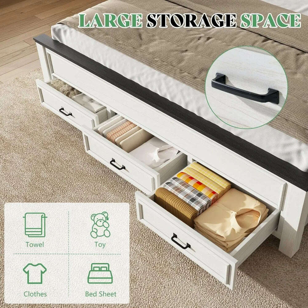 KIMLUD, Farmhouse King Size Bed Frame with Tall -Panel Headboard & Footboard, Wood Platform Bed Frame with 3 Large Storag Drawers, KIMLUD Womens Clothes