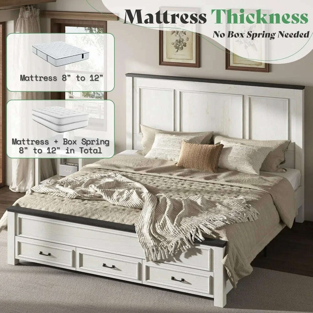 KIMLUD, Farmhouse King Size Bed Frame with Tall -Panel Headboard & Footboard, Wood Platform Bed Frame with 3 Large Storag Drawers, KIMLUD Womens Clothes