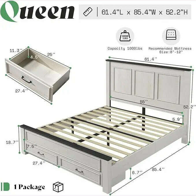 KIMLUD, Farmhouse King Size Bed Frame with Tall -Panel Headboard & Footboard, Wood Platform Bed Frame with 3 Large Storag Drawers, Queen Rustic White / United States, KIMLUD APPAREL - Womens Clothes