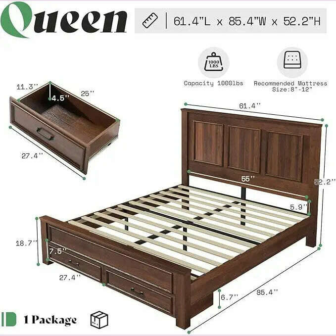 KIMLUD, Farmhouse King Size Bed Frame with Tall -Panel Headboard & Footboard, Wood Platform Bed Frame with 3 Large Storag Drawers, Queen Rustic Brown / United States, KIMLUD APPAREL - Womens Clothes