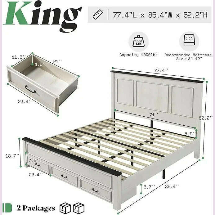 KIMLUD, Farmhouse King Size Bed Frame with Tall -Panel Headboard & Footboard, Wood Platform Bed Frame with 3 Large Storag Drawers, King Rustic White / United States, KIMLUD APPAREL - Womens Clothes