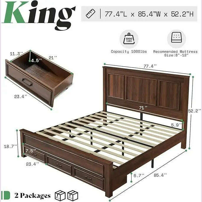 KIMLUD, Farmhouse King Size Bed Frame with Tall -Panel Headboard & Footboard, Wood Platform Bed Frame with 3 Large Storag Drawers, King Rustic Brown / United States, KIMLUD APPAREL - Womens Clothes