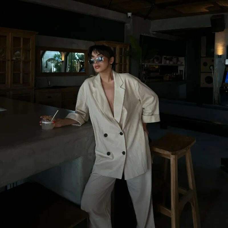 KIMLUD, Fashion 2 Piece Sets Women Outfit Elegant Double Breasted Blazer Jacket Wide Leg Pants Set High Street Office Lady Loose Suit, KIMLUD Womens Clothes