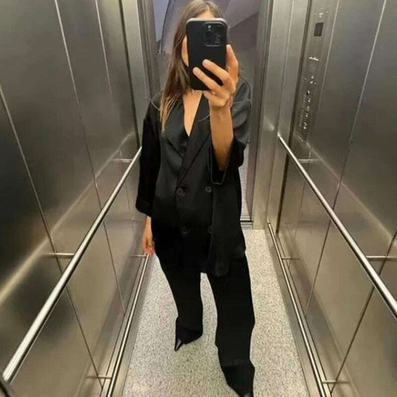 KIMLUD, Fashion 2 Piece Sets Women Outfit Elegant Double Breasted Blazer Jacket Wide Leg Pants Set High Street Office Lady Loose Suit, KIMLUD Womens Clothes