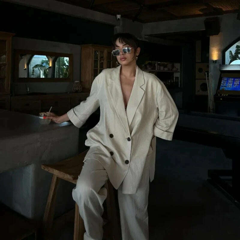 KIMLUD, Fashion 2 Piece Sets Women Outfit Elegant Double Breasted Blazer Jacket Wide Leg Pants Set High Street Office Lady Loose Suit, KIMLUD Womens Clothes