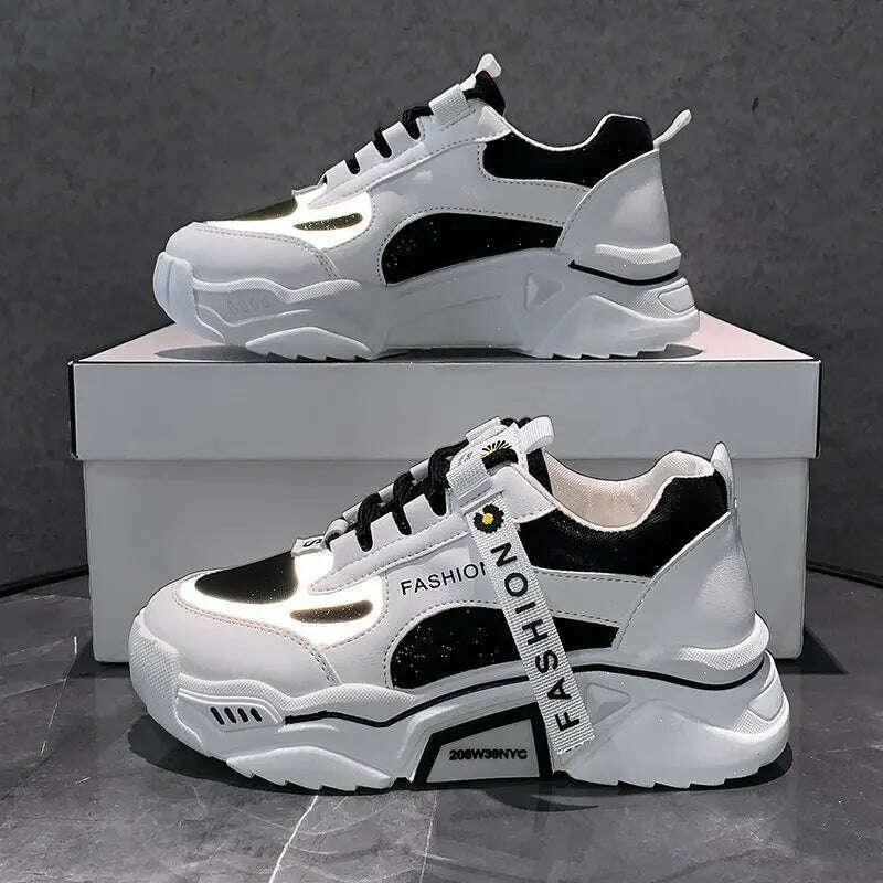 KIMLUD, Fashion 2022 Spring Reflective Platform Sneakers Women Shoes Korean Lace Up Chunky Sneakers Mixed Color Women's Vulcanize Shoes, Black / 35, KIMLUD APPAREL - Womens Clothes