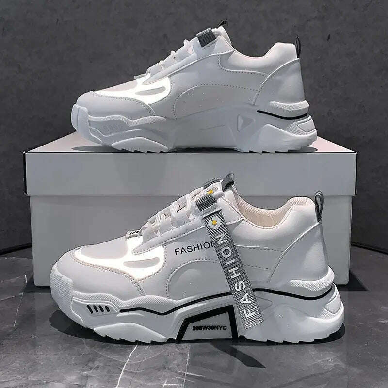 KIMLUD, Fashion 2022 Spring Reflective Platform Sneakers Women Shoes Korean Lace Up Chunky Sneakers Mixed Color Women&#39;s Vulcanize Shoes, white / 35, KIMLUD Womens Clothes
