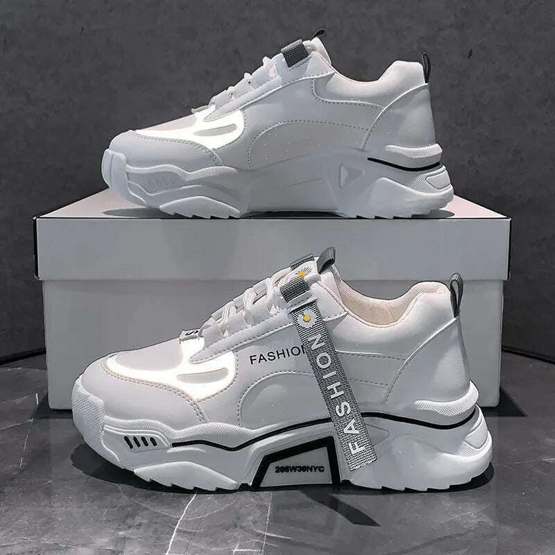 KIMLUD, Fashion 2022 Spring Reflective Platform Sneakers Women Shoes Korean Lace Up Chunky Sneakers Mixed Color Women's Vulcanize Shoes, white / 35, KIMLUD APPAREL - Womens Clothes