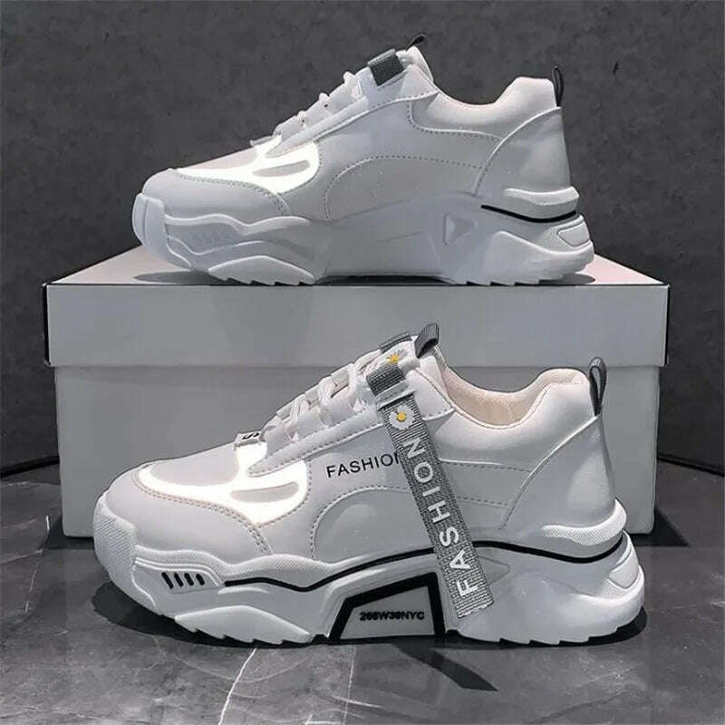 KIMLUD, Fashion 2022 Spring Reflective Platform Sneakers Women Shoes Korean Lace Up Chunky Sneakers Mixed Color Women&#39;s Vulcanize Shoes, KIMLUD Womens Clothes