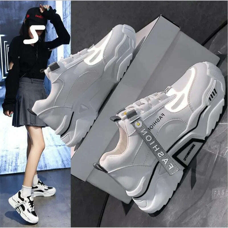 KIMLUD, Fashion 2022 Spring Reflective Platform Sneakers Women Shoes Korean Lace Up Chunky Sneakers Mixed Color Women's Vulcanize Shoes, KIMLUD Womens Clothes