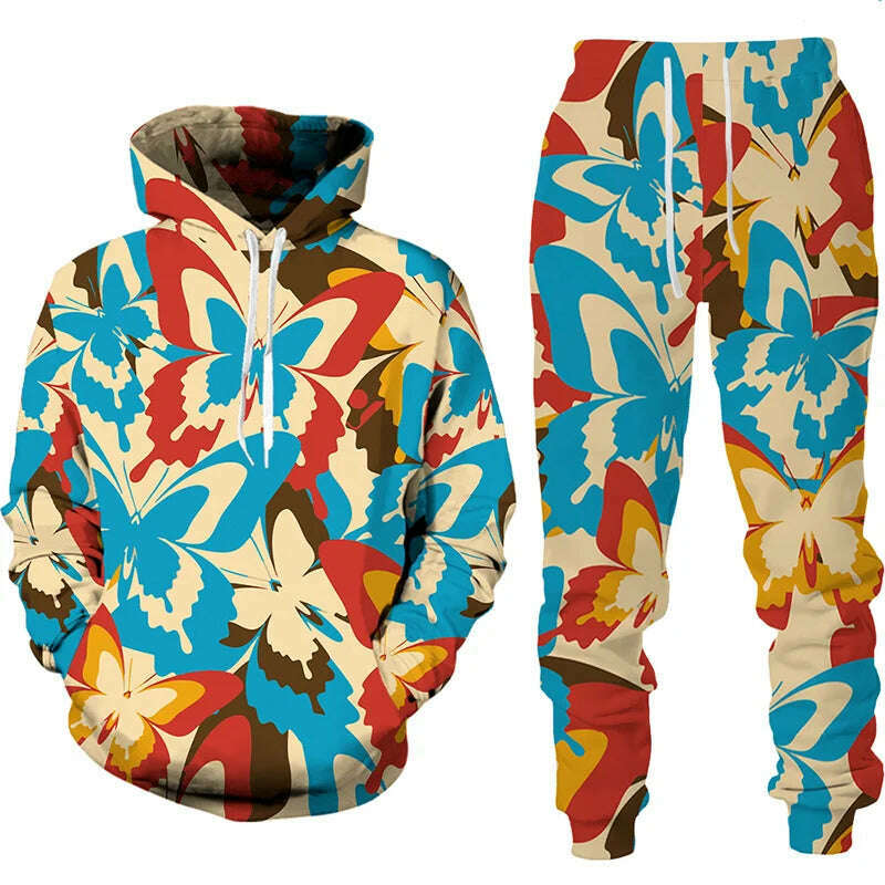 KIMLUD, Fashion 3d Butterfly Print Two Piece Sets for Women Casual Hooded Sweatshirt/Pants/Suit Chic and Elegant Female Clothing, S-5 / S / China, KIMLUD APPAREL - Womens Clothes