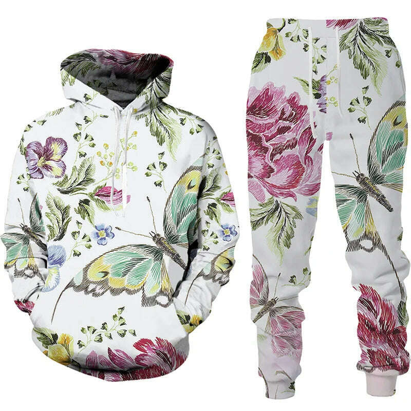 KIMLUD, Fashion 3d Butterfly Print Two Piece Sets for Women Casual Hooded Sweatshirt/Pants/Suit Chic and Elegant Female Clothing, KIMLUD Womens Clothes