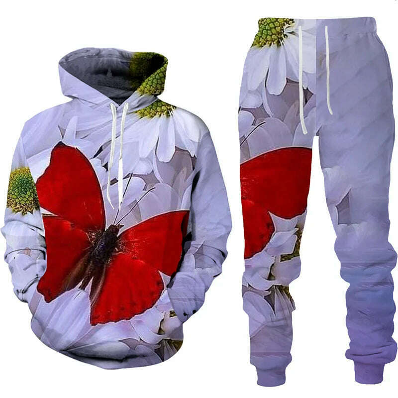 KIMLUD, Fashion 3d Butterfly Print Two Piece Sets for Women Casual Hooded Sweatshirt/Pants/Suit Chic and Elegant Female Clothing, KIMLUD Womens Clothes